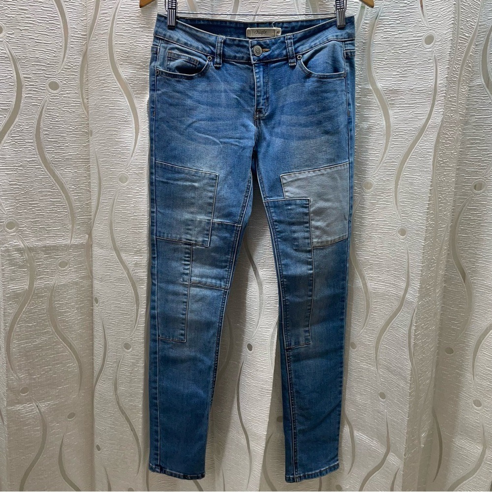 Chiqle Patchwork Skinny Jeans Womens 9 Blue Excellent Stretch Medium Wash
